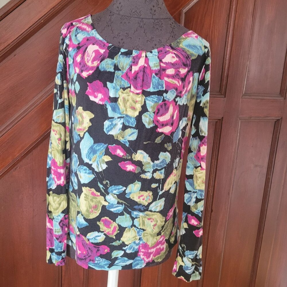 Talbots Womens Floral Long Sleeve Top Black Multicolor Lightweight L